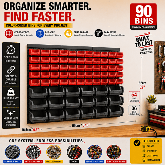 chenchao 60 Pcs Wall Mounted Storage Bins, Heavy Duty Garage Organizer System, Wall Mount Tool Organizer for Hardware