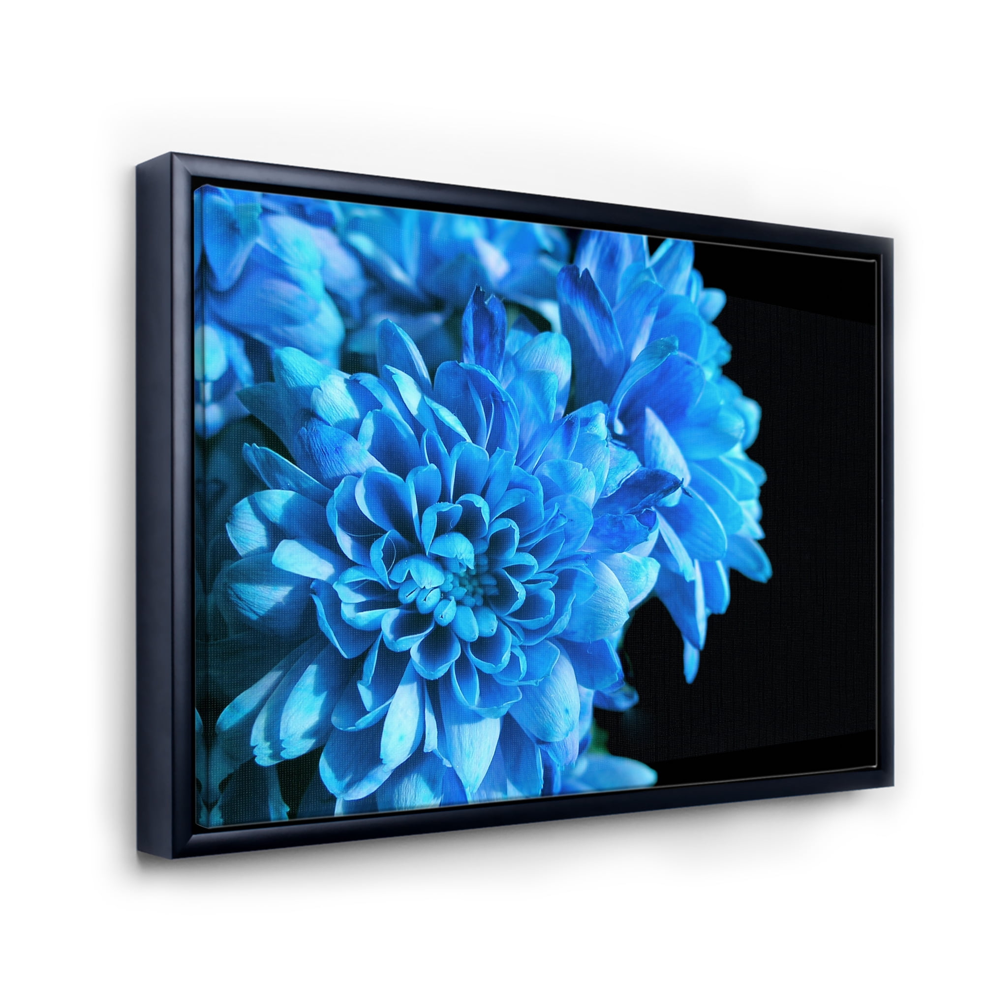 Detail of Blue Flowers On Black Background I 32 in x 24 in Framed Painting Canvas Art Print, by Designart