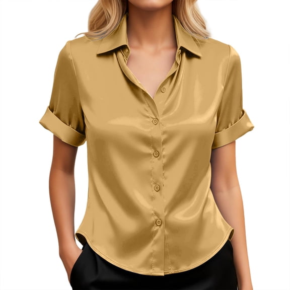 Alun Short Sleeve Shirts for Women Trendy Button down Collared Work Tops Dressy Business Casual Loose Fit Stain Blouse Pure Color Lightweight Breathable for Daily Wear Yellow XL