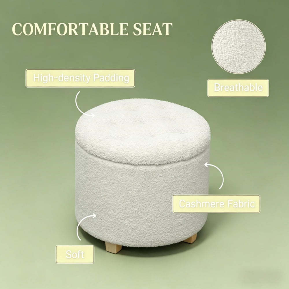Storage Ottoman, 10.7 Gallon Teddy Fleece Ottoman with Storage, Button Tufted Footstool with Pine Wood Legs, Round Multifunctional Storage Bench for Living Room Bedroom