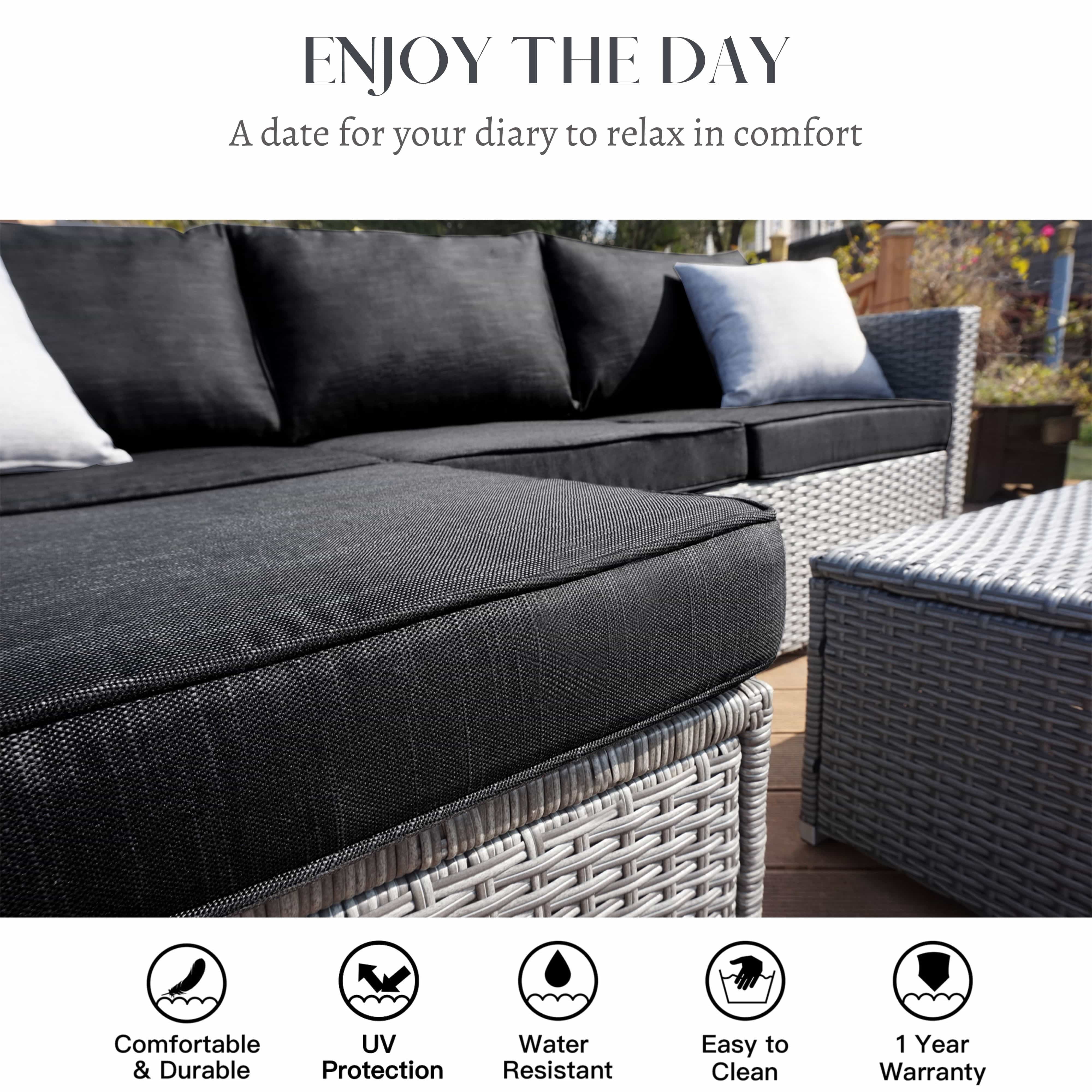 SUNTONE Patio Conversation Sofa Set - 3 Piece All Weather Wicker Outdoor Furniture Set, Gray Rattan & Black Cushions