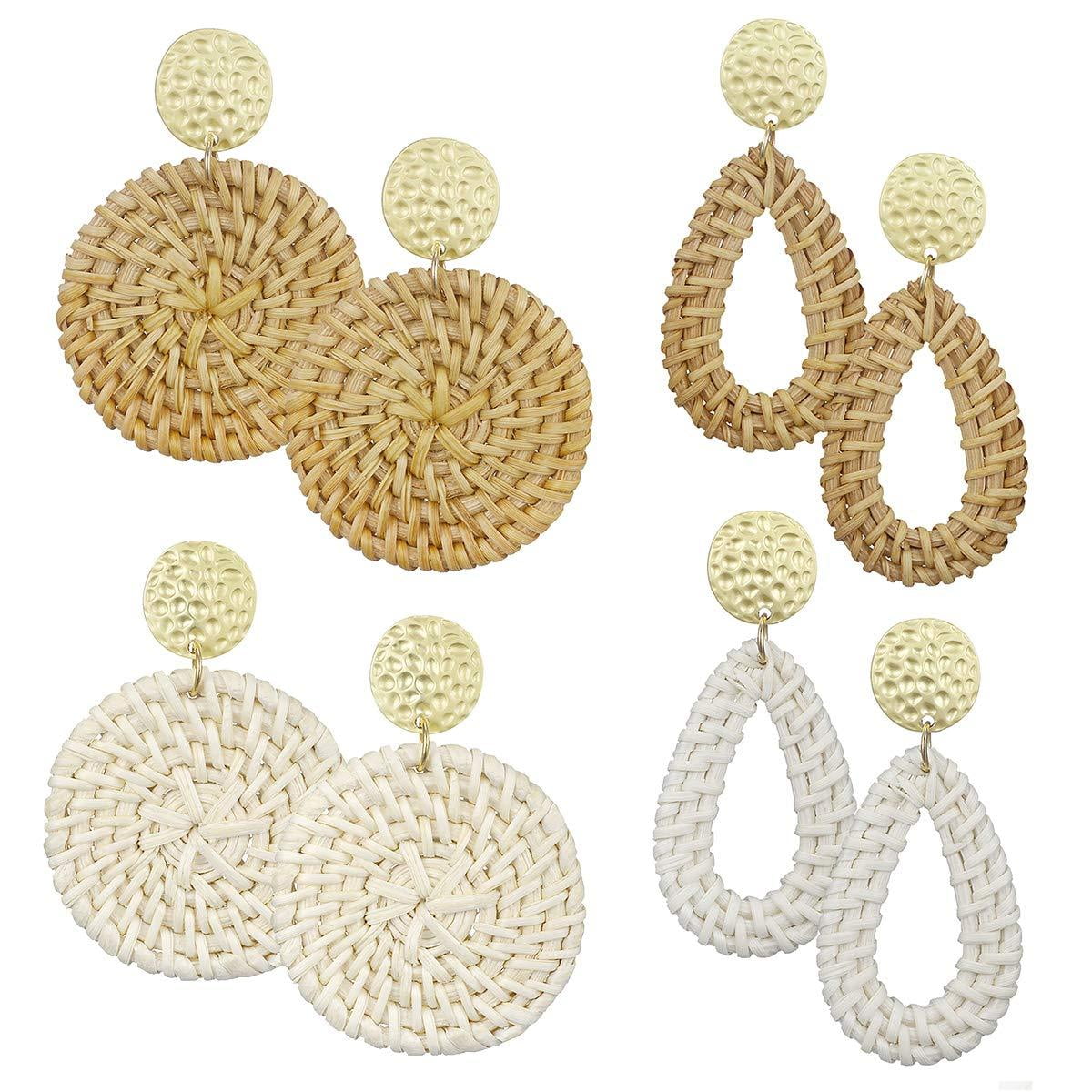 FIFATA Earrings for Women Girls 47 Pairs Boho Statement Tassel Rattan Leather Earrings Ethnic Fashion Butterfly Stud Acrylic Hoop Silver Drop Dangle Earrings Set for Birthday Everyday Jewelry Gift