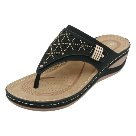 

PEASKJP Comfortable Sandals for Women Women s Summer Sandals Casual Comfortable Bohemia Beach Flat Sandals Open Toe Ankle Crystal Gladiator Shoes (Black 7.5)
