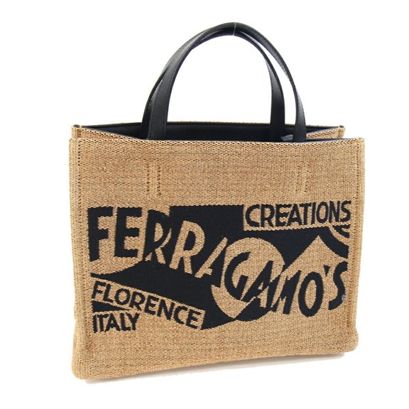 Pre-Owned Salvatore Ferragamo Handbag 21 9407 Miele Black Fabric Leather Mini Hand Tote Bag...