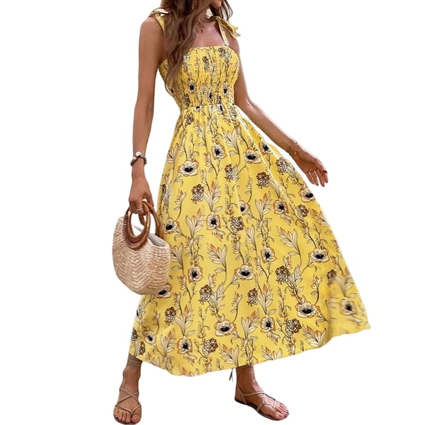 VISgogo Vestido casual para mujer Estampado floral / Diseño de color sólido Sin mangas Doble correa lateral Pliegues en el pecho Vestido largo de playa VISgogo moda