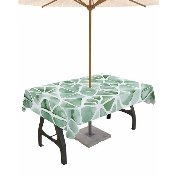 Hokiten Outdoor Tablecloths with Umbrella Hole & Zipper, Green Botanical 54x80 Inch Tablecloth Rectangle, Watercolor Color Block Art Geometric Waterproof Table Cloth, Patio/Pool/Picnic Table Covers
