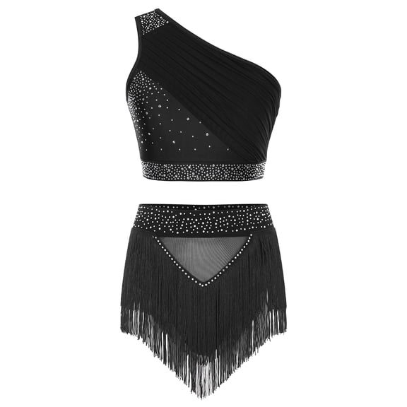 Doomiva Women 2Pcs Latin Dance Outfit Figure Skating Dress One Shoulder Crop Top   Tassel Shorts Black S