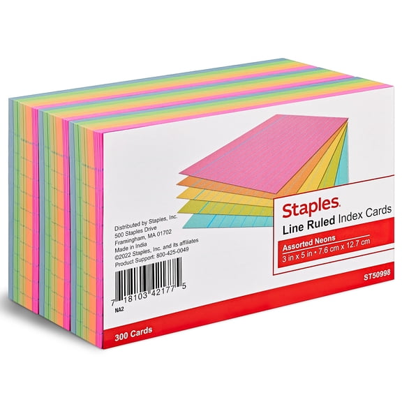 Staples 3" x 5" Line Ruled Assorted Neon Index Cards 300/Pack (50998) TR50998