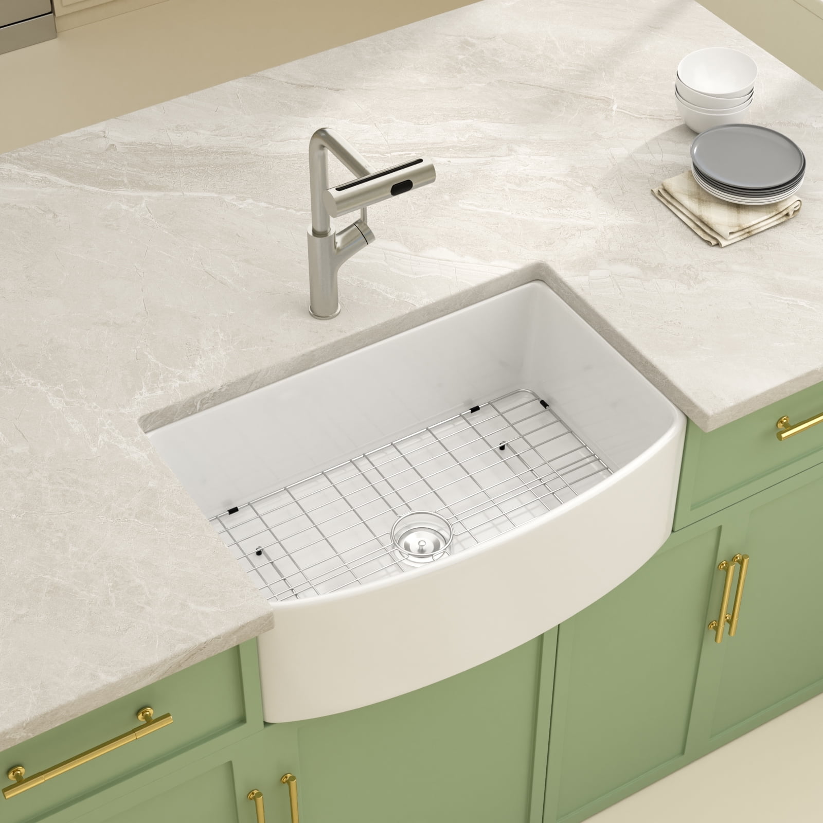 30" Ceramic Farmhouse Kitchen Sink Single Bowl with Bottom Grid and Drain Assembly