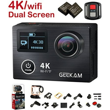 Front Cmos Camera - Action Camera, 2017 New 4K 30Fps 14MP Ultra HD Sport Camcorder with Panasonic CMOS Dual Display Screen Aluminium Alloy Front Cover HDMI Wifi 2.4G Remote Control 170 Degree Wide Angle 19 Mounting Kits
