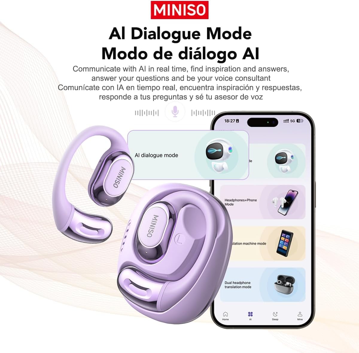 MINISO Al TranslationBuletooth Headphones MS156 Long Battery Life HiFi Stereo Sound Wireless Earhooks Headphones