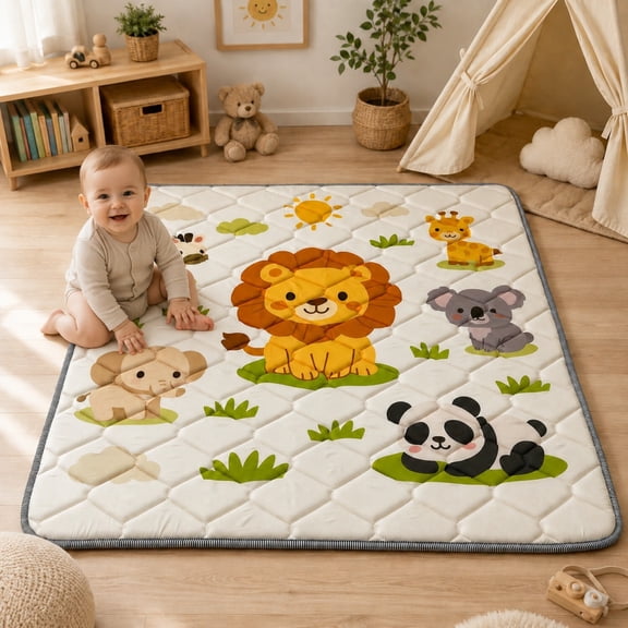 Easy4Home Foldable Baby Play Mat,44"x44" Non-Slip Thick Foam Crawling Mat Machine Washable Playpen Mat for Infants & Toddlers