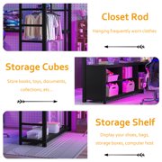 Bellemave Metal Loft Bed with L-shaped Desk and Storage, Queen Size Loft Bed Frame with Open Wardrobe and Shelves, Space-saving Loft Bed for Teens Adults (Queen, Black)