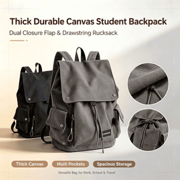 Thick Durable Canvas Student Backpack with Multi Pockets, Dual Closure Flap & Drawstring Rucksack, Spacious Storage Bag for Work, School & Weekend Travel