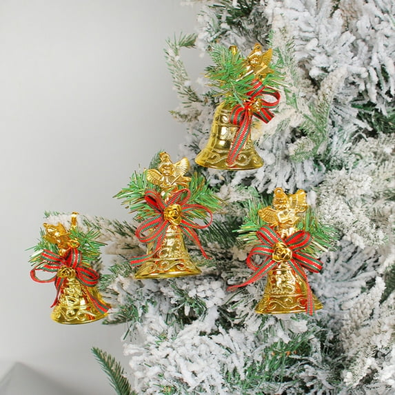 6Pcs Christmas Bell with Hanging Hole Realistic Bowtie Christmas Golden Red Ribbon Bell Accessories for Home