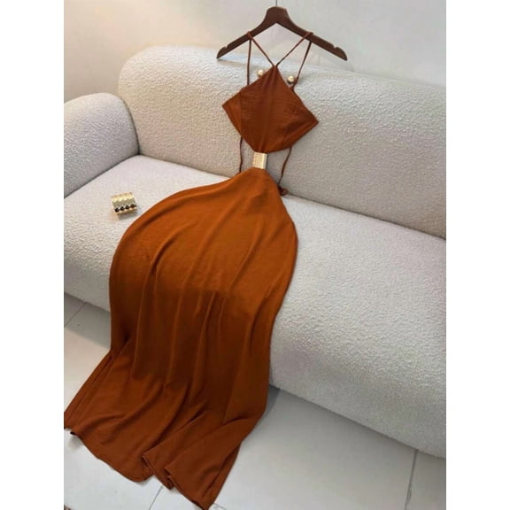 Summer Women's Dress, Vacation Style Midi Strap Backless Hollow Out Dress, Strap Dress, Elegant Dress Brown, Vacationcore