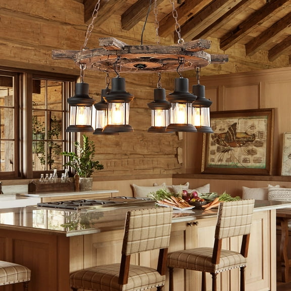 FINE MAKER Rustic 6-Light Wooden Cylinder Pendant Light