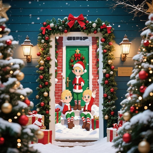 Decoraciones navideñas, cortina navideña para puerta, banderines, fotos para exteriores, fiesta de Navidad, elfos, celebración, fondo decorativo, decoración colgante, cortina de poliéster de tela