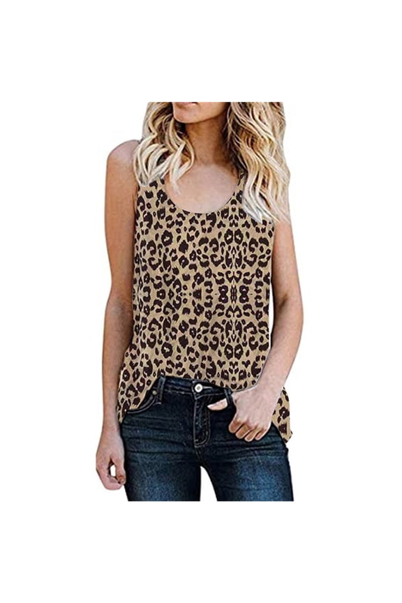 Women's Crew Neck Leopard Animal Print Loose Tank Top Fashion Coffee L