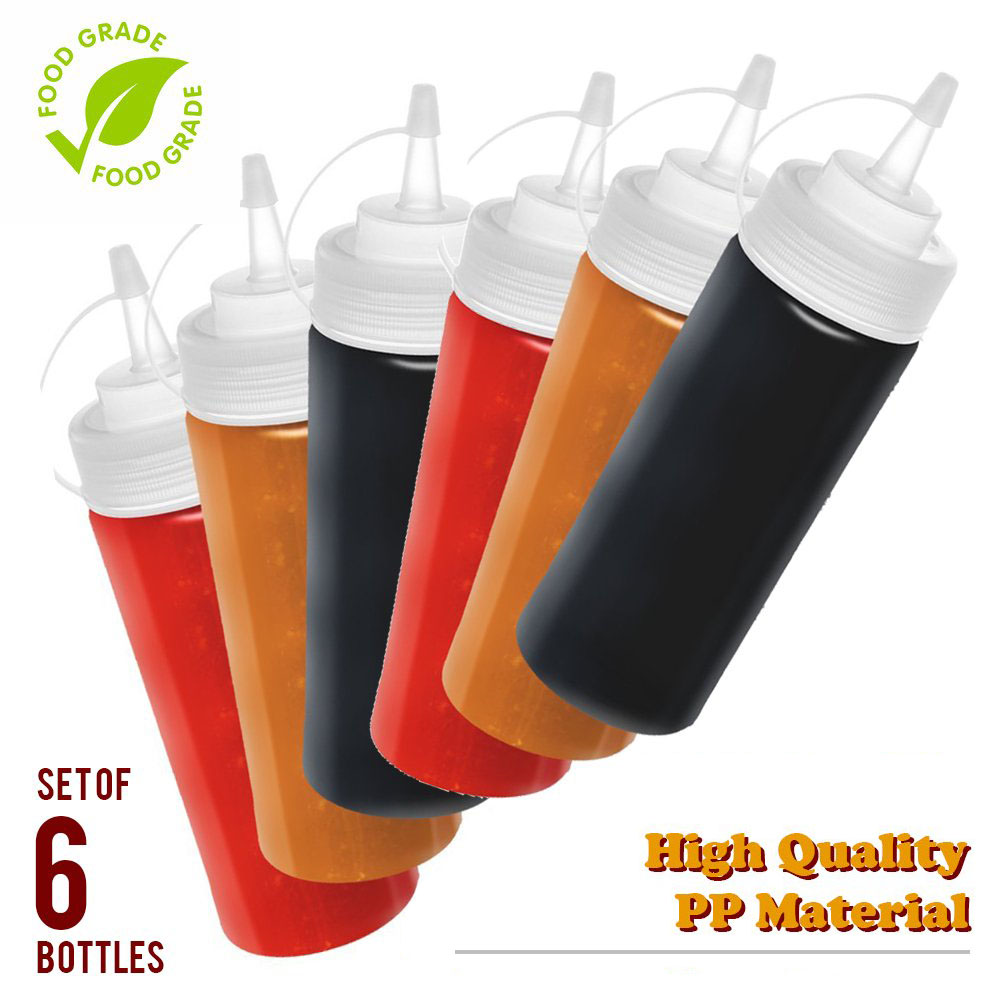6 Pack Plastic Squeeze Squirt Condiment Bottles with Twist On Cap Lids