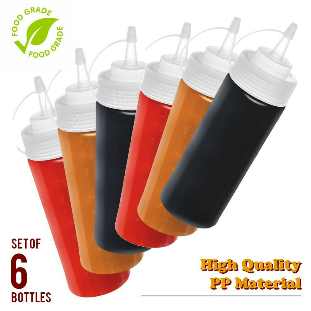 6 Pack Plastic Squeeze Squirt Condiment Bottles with Twist On Cap Lids