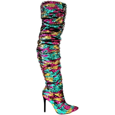 Javir-1 Women Over the Knee Thigh High Pointed Toe Sequin Sparkle Boots Stiletto Slim Sexy Heel Multicolor