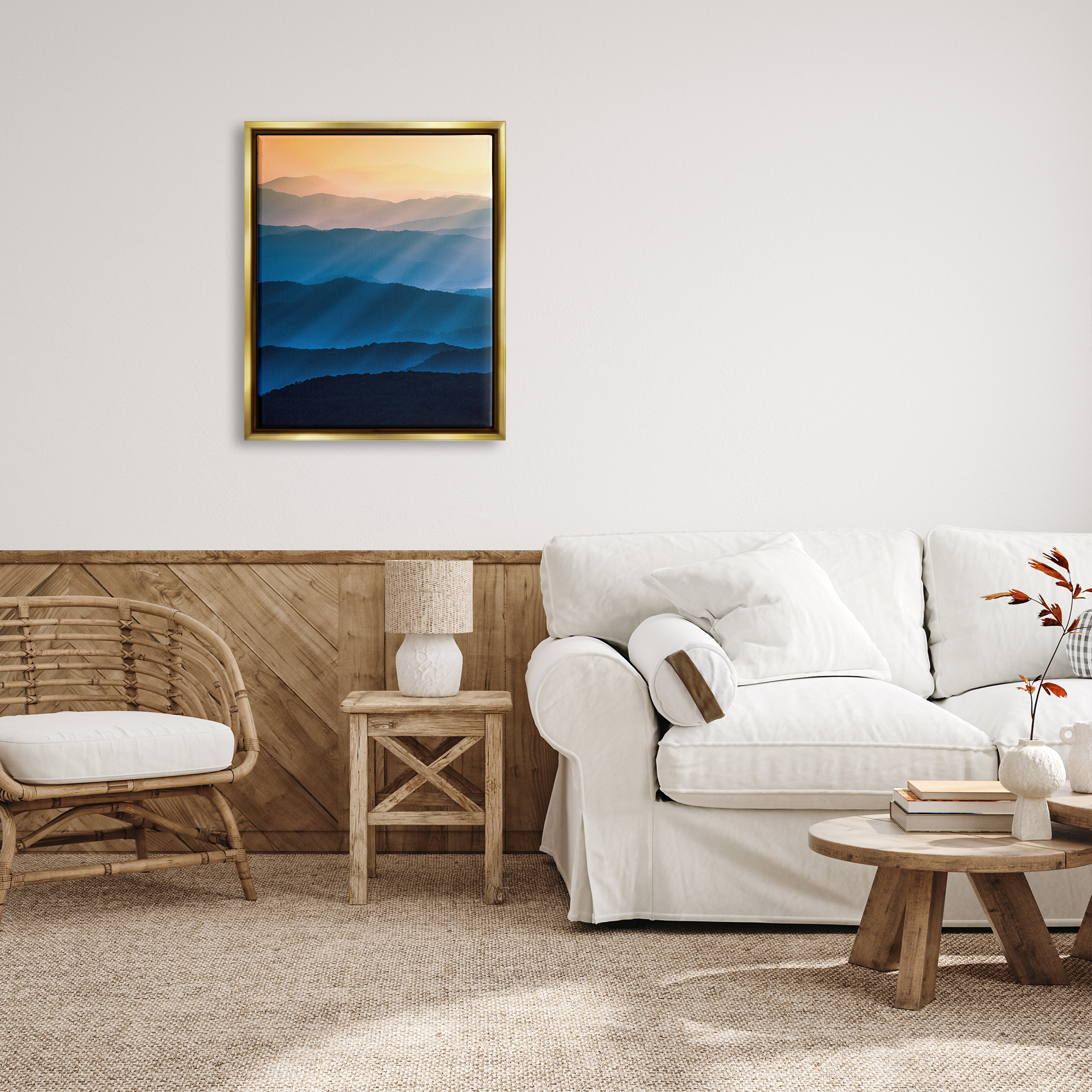 Stupell Industries Blue & Yellow Mountains Landscape Photography Gold Floater Framed Canvas Art Print Wall Art, 25 x 31