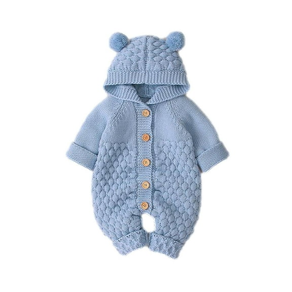 Baby Long Sleeve Footless Pajamas Newborn Baby Girls Boys Winter Warm Coat Knit Outwear Hooded Jumpsuit New Casual Winter Jumpsuits Light Blue 3-6 Months