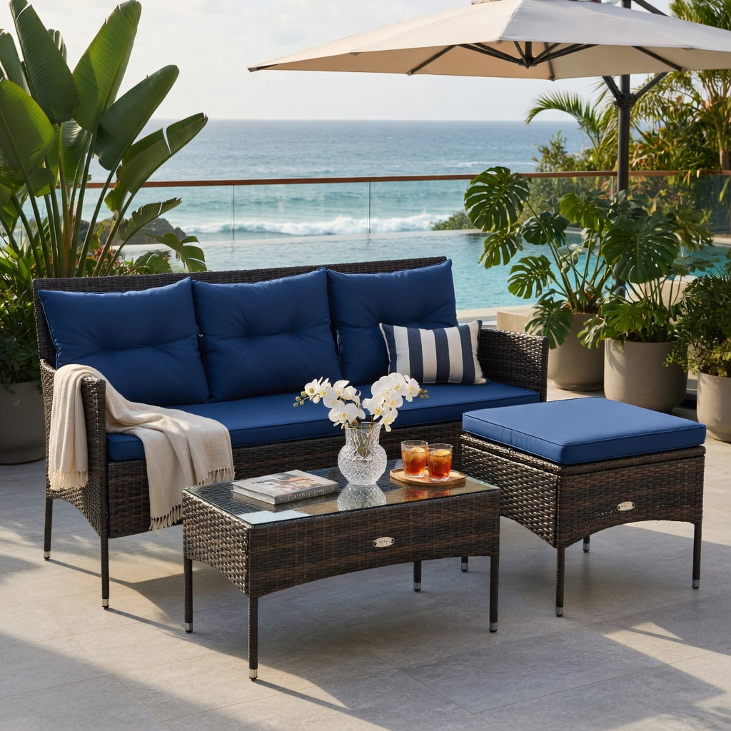 Hommoo 3-Piece Outdoor Patio Sectional Set with 5 Premium Cushions, All-Weather Rattan Sofa, Ottoman & Tempered Glass Coffee Table for Backyard, Poolside & Garden, Navy