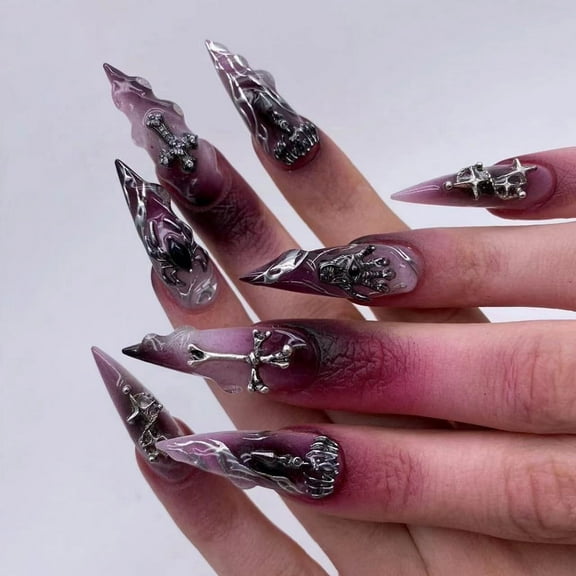 Yoyauz 24PCS Long Pointed Fake Nails With Purple Halloween Accessories Bat Cross Design Charm Acrylic Nails Suitable For Girls And Women Halloween