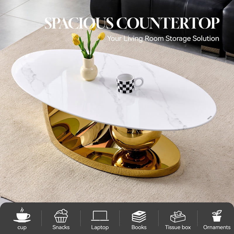 51.2-Inch Oval Faux Marble Top Center Coffee Table, Living Room End Table with C-Shaped Stainless Steel Base