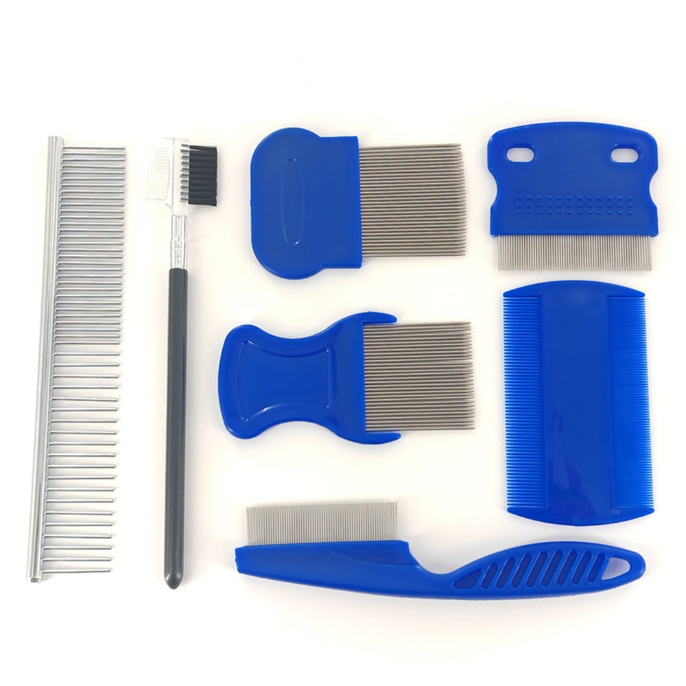 Lice Combing Kit, Grooming Combs 7-Piece Stainless Steel ABS Flea Comb Set for Cats and Dogs, Blue