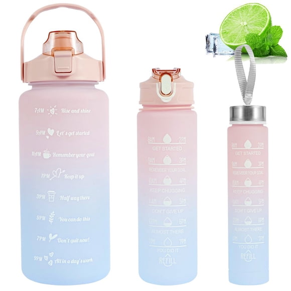 3 Pack Water Bottles Set with 2L Large Bottle 900ML Portable Bottle and 500ML Mini Bottle Motivational Drinks Bottle wit