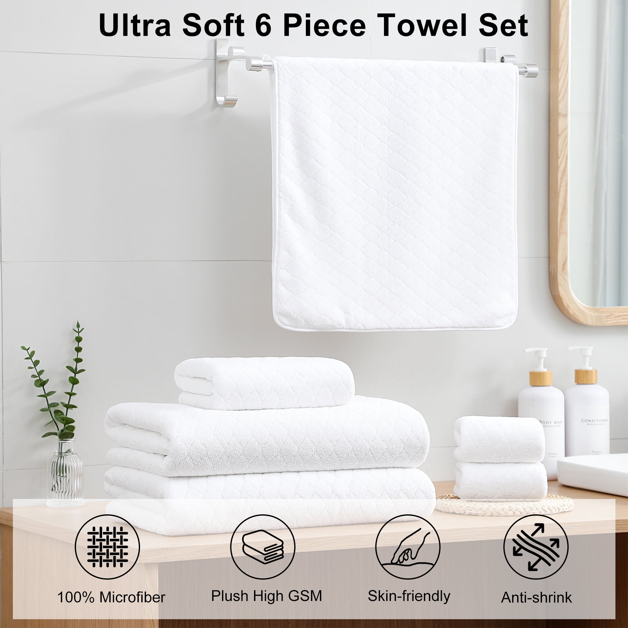 Jessy Home 6 Piece Towel Set White Soft Bath Towel Set for Bathroom-2 Bath Towels, 2 Hand Towels, 2 Washcloths Highly Absorbent Bath Sheet for Hotel & Spa
