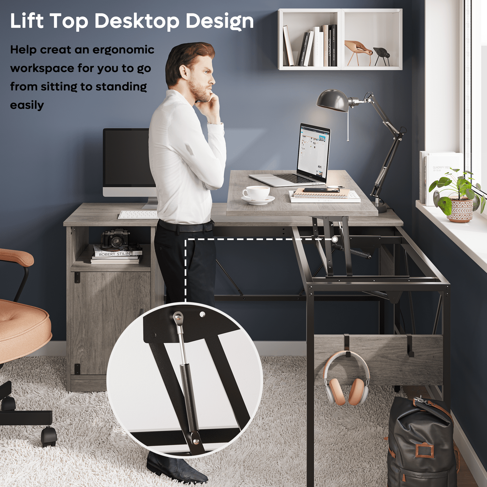 Bestier Versatile 60 Inch L-Shaped Standing Desk, Lift Top Corner Desk Extending to 95 Inches with Storage Cabinet and Hooks for Home Office, Washed Gray