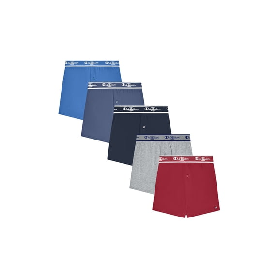 Champion Men’s Knit Boxers – 5 Pack Cotton Flex Underwear, Relaxed Fit with Button Fly, Sizes S–2XL