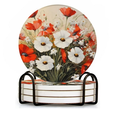 

BaHomeck Drink Coasters Set of 4 with Holder bouquet of red poppies and white daisies Water Absorbent Ceramic Coasters Tabletop Protection Suitable for Various Cup Home Decor