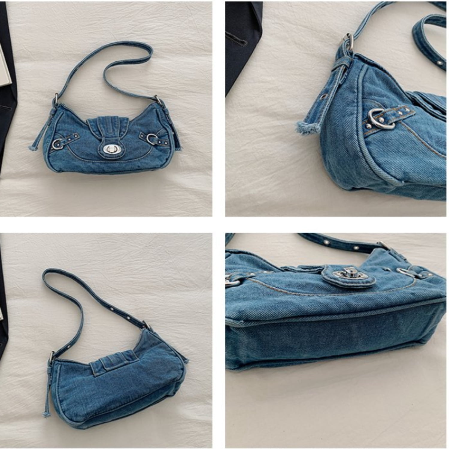 Women's Denim Crescent Shoulder Bag - Y2K Vintage Hobo Handbag, Trendy Mini Crossbody Purse for Girls, Casual Satchel with Adjustable Strap