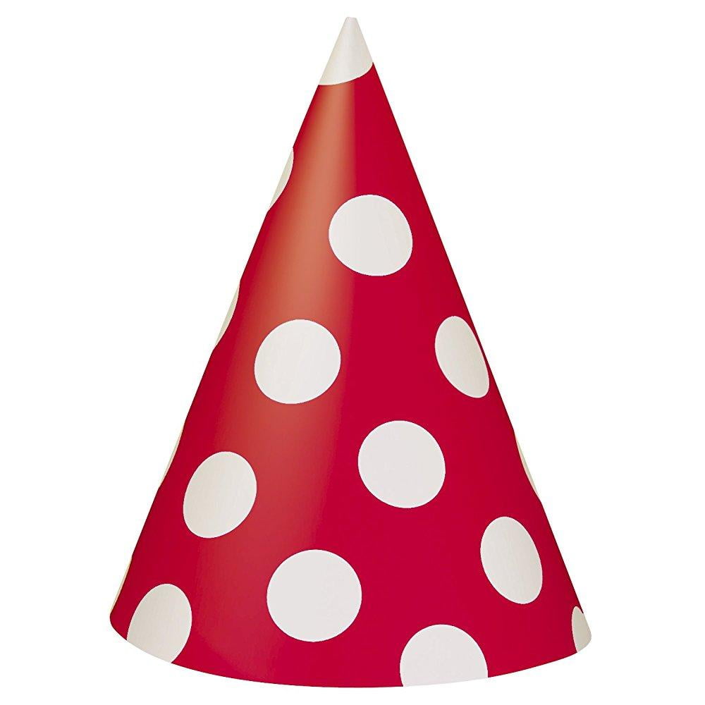 Polka Dot Birthday Party Hats, Red, 8ct