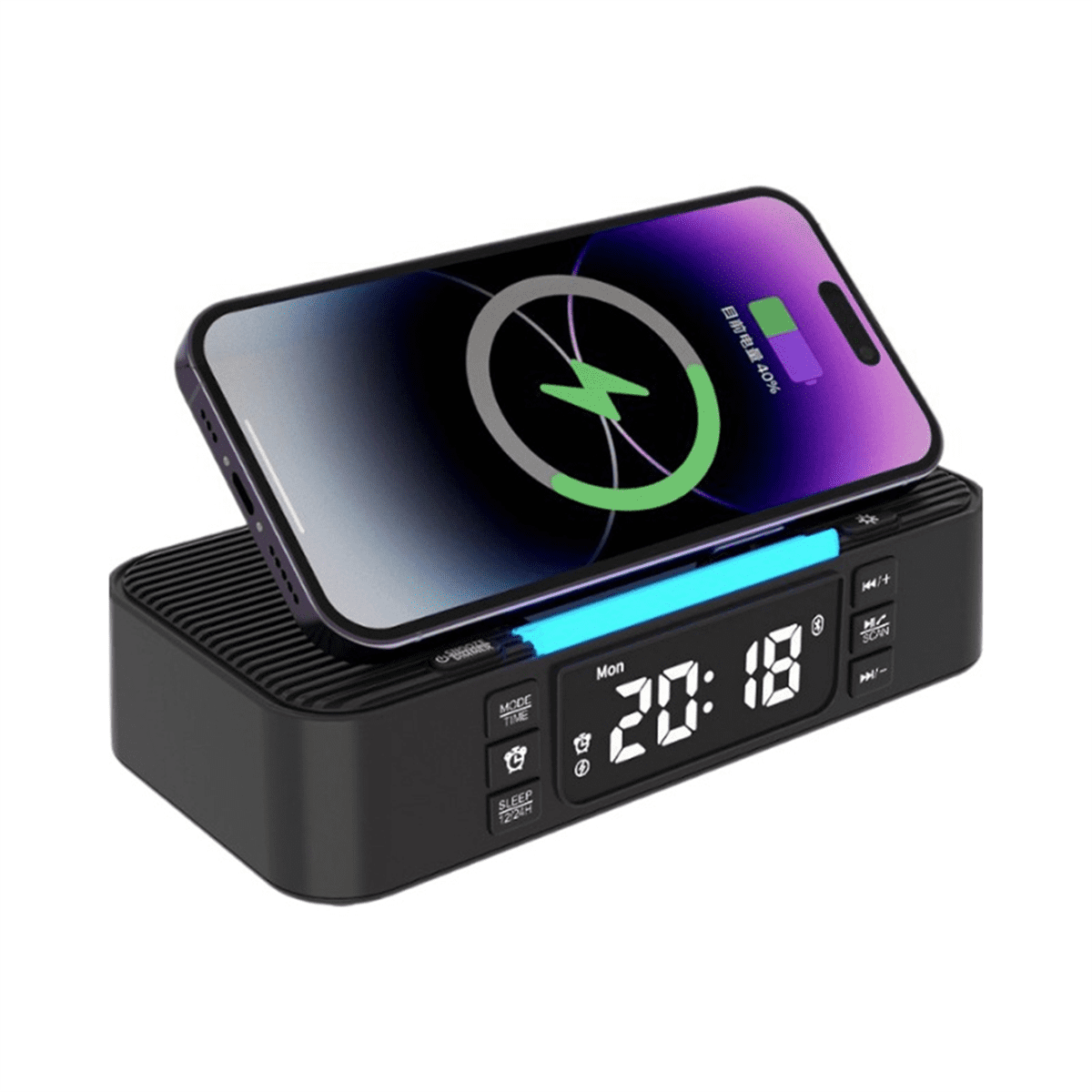Wireless Charging Station with Bluetooth Speaker, Alarm Clock, FM Radio, Night Light, Phone Holder, Adjustable Display