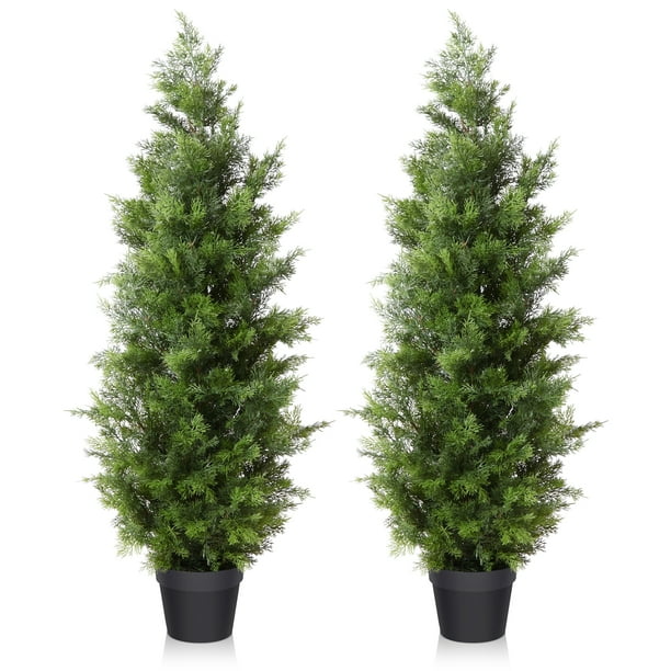 2 Pack 4 ft Outdoor Artificial Topiary Cedar Plants Fake Tree UV Rated