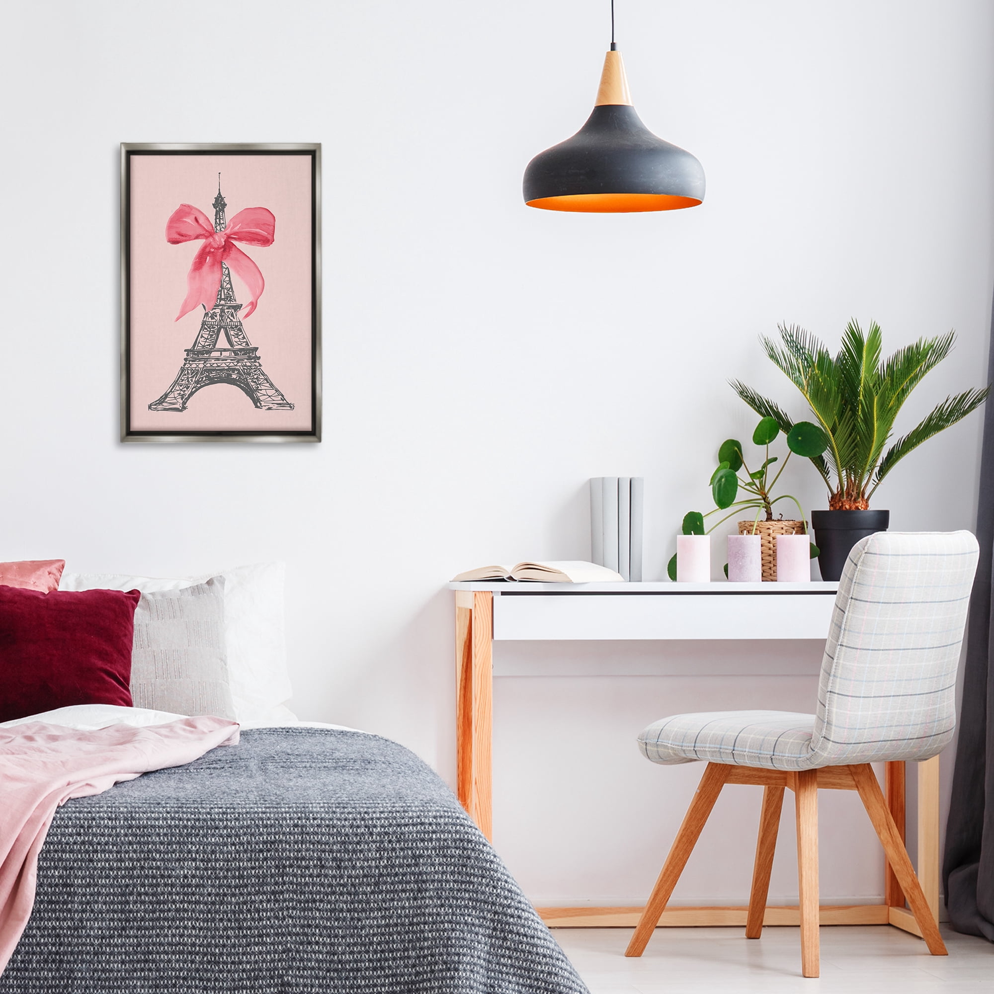 Stupell Industries Pink Bow on Eiffel Tower Buildings & Architecture Painting Gray Floater Framed Canvas Art Print Wall Art, 17 x 25