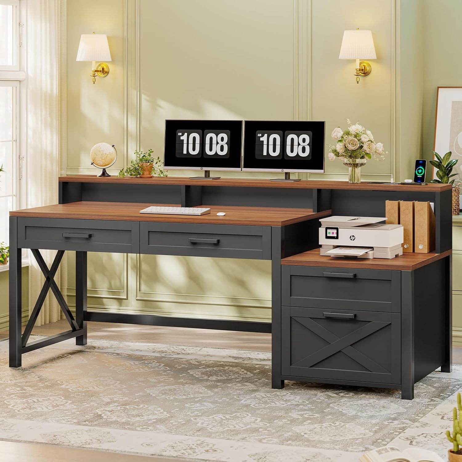 Farmhouse Desk with Power Outlets, 55" Computer Desk with Drawers & Monitor Stand, Corner Desk with Printer Stand & LED Lights, Black Desk Writing Desk Study Table for Small Space