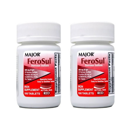 Major FeroSul Ferrous Sulfate Tablets, 325 mg, Iron Supplement, Red, 100 Count (Pack of 2)