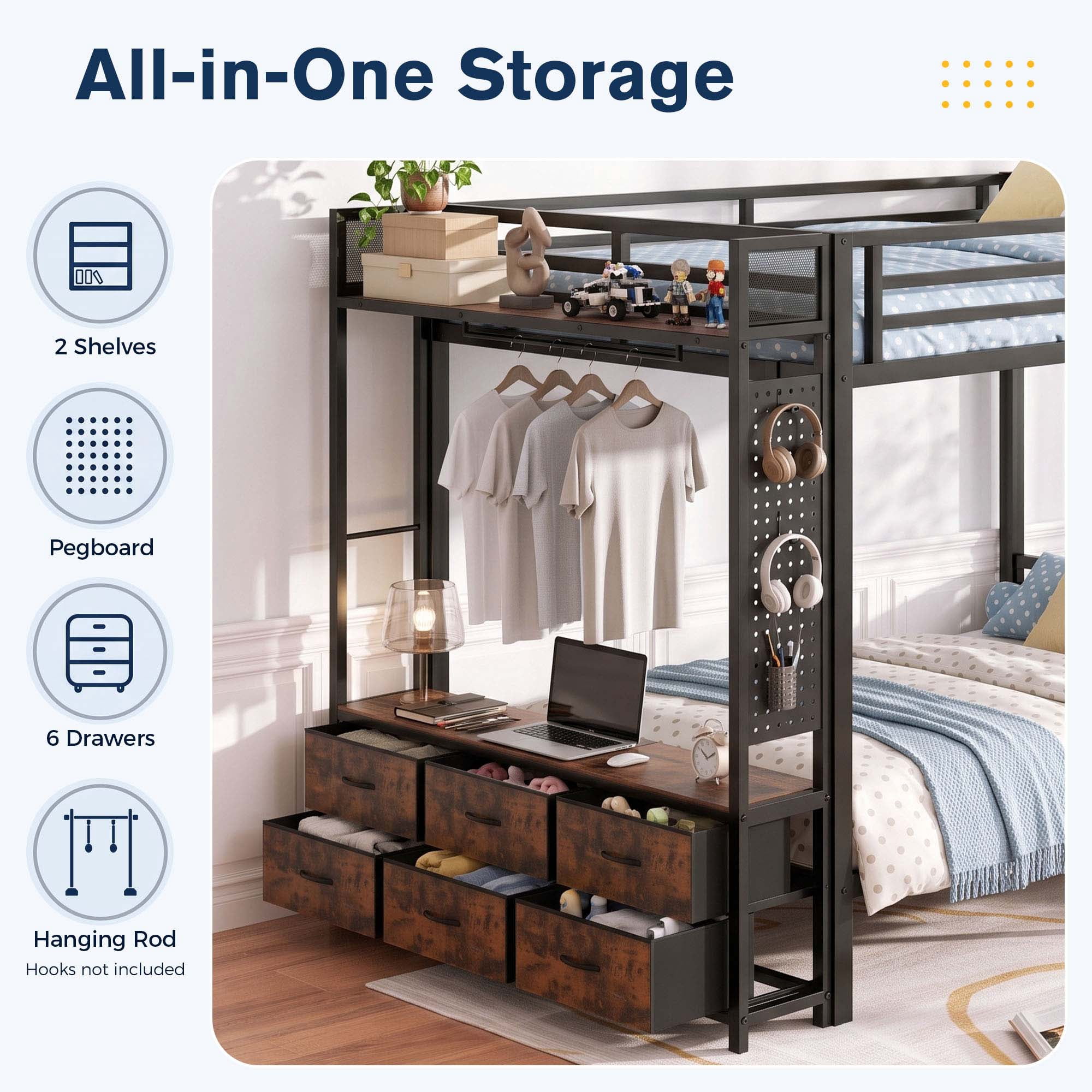 Miniyam Full Over Full Metal Bunk Bed with 6 Storage Drawers, LED Light and Charging Station, Black