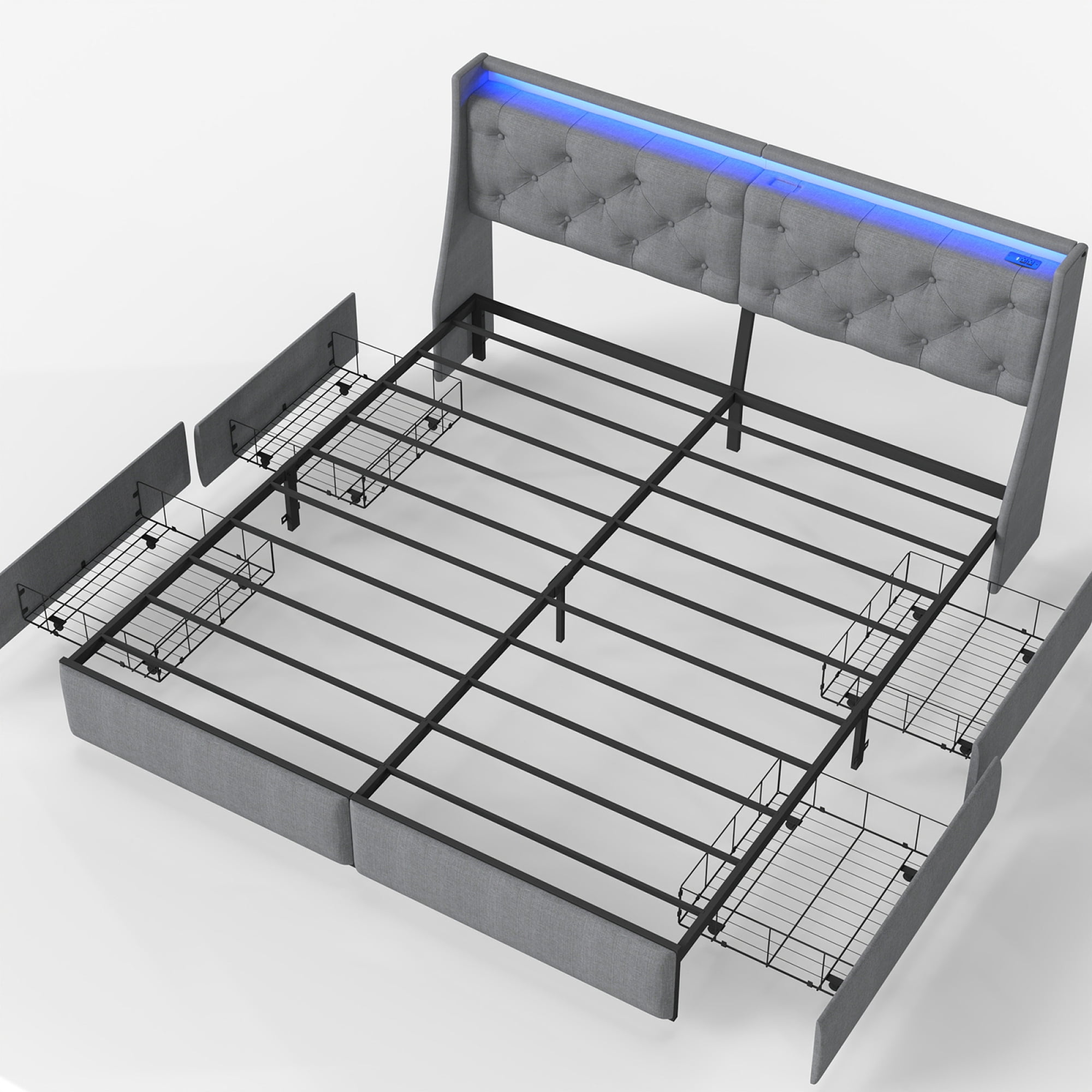 HOQBN King Size Bed Frame with Storage Headboard and 4 Drawers, Metal Bed Frame Platform with LED Light, Charging Station, No Box Spring Needed