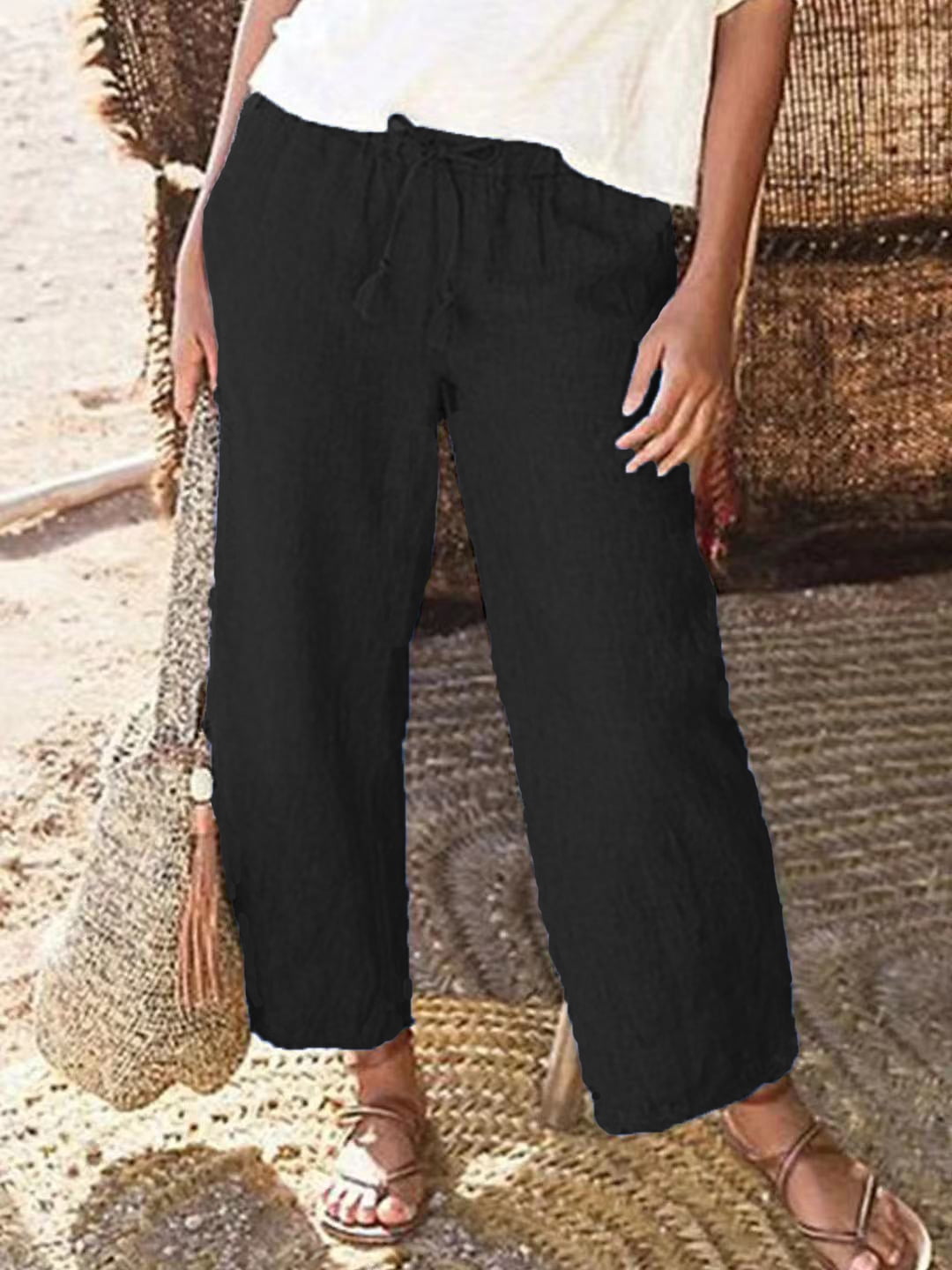 Summer Cotton Linen Pants Comfort Flax Loose Cropped Casual Trousers Plus Womens 