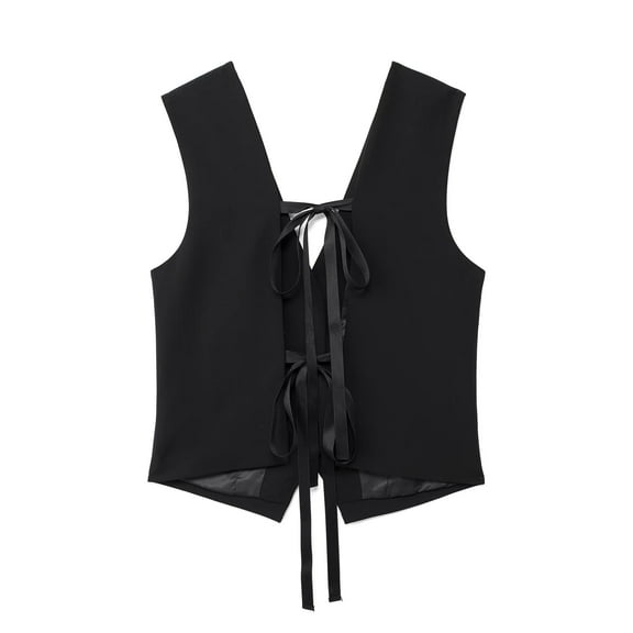 Musuos Women Black Vests Bow Tie Back V-Neck Waistcoat Sleeveless Buttons Cardigan Trendy Streetwear