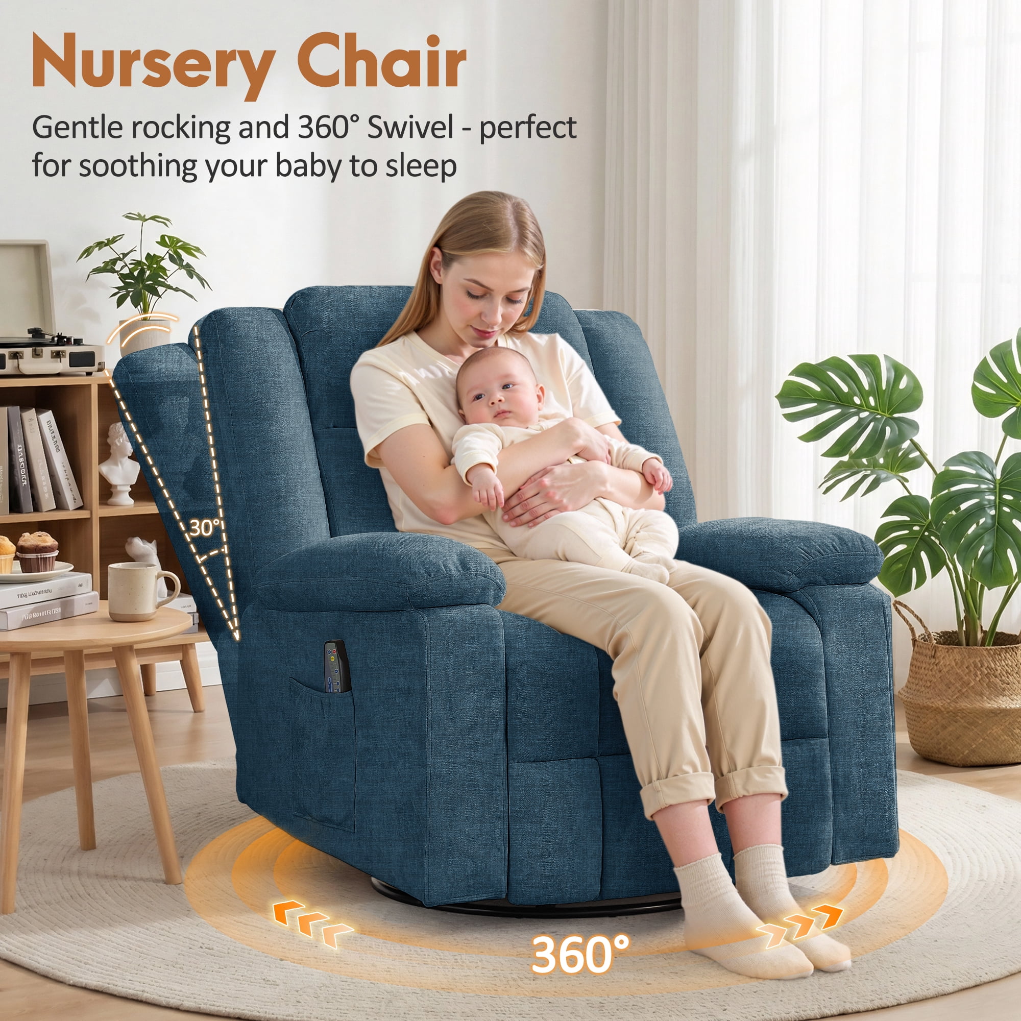 Korser 360°Swivel Rocker Recliner with Massage and Heating,Rocker Recliner Chair for Adults with Side Pockets Nursery Glider Recliner for Living Room,Chenille,Blue