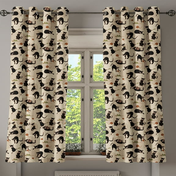 Ambesonne Cat Grommet Curtain, House Pet Playing with Ball, 50" x 54", Black Tan Sea Green